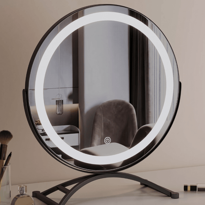 Makeup mirror with adjustable lights and 360° rotation featuring smart touch controls and tri-tone light settings for perfect makeup application. 3