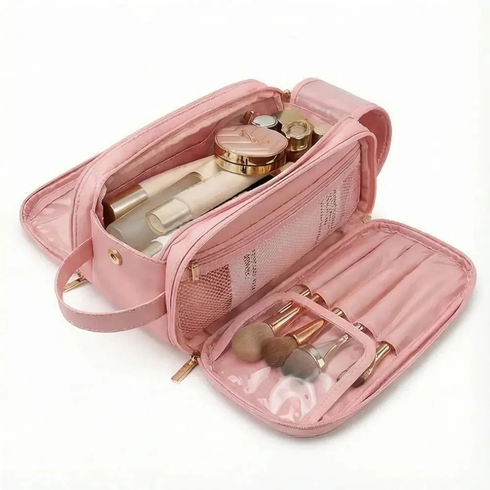 Makeup organizer bag featuring a dual-zip flat opening, brush holder, and waterproof PU leather design, perfect for travel and cosmetic storage. 10