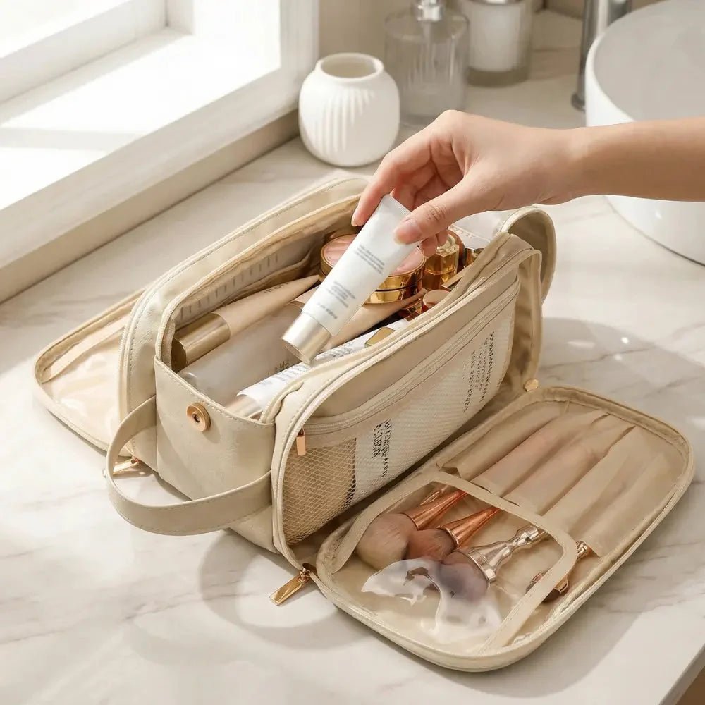 Makeup organizer bag featuring a dual-zip flat opening, brush holder, and waterproof PU leather design, perfect for travel and cosmetic storage. 0