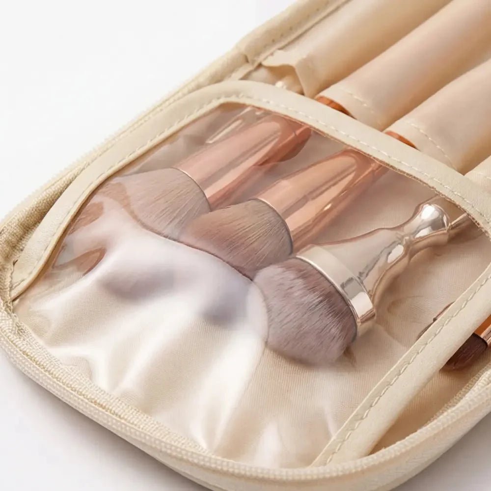 Makeup organizer bag featuring a dual-zip flat opening, brush holder, and waterproof PU leather design, perfect for travel and cosmetic storage. 2