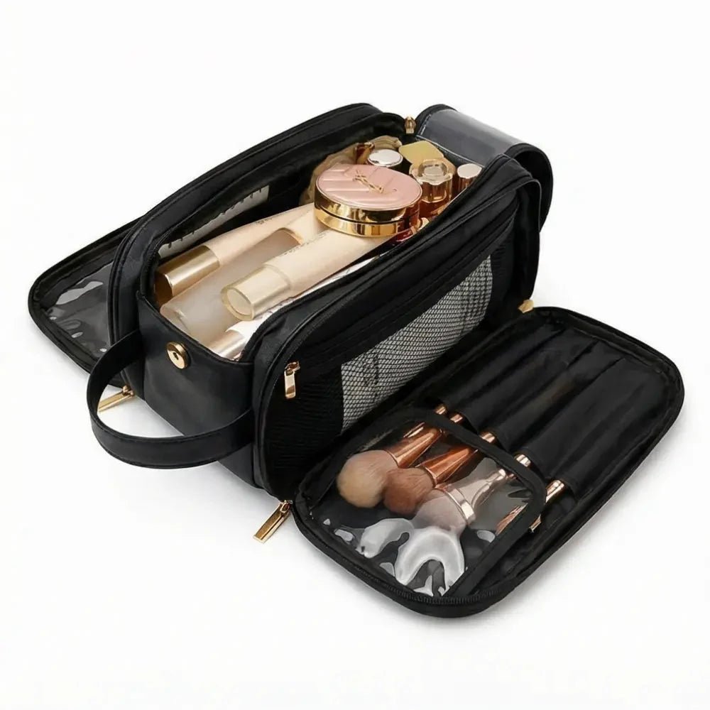 Makeup organizer bag featuring a dual-zip flat opening, brush holder, and waterproof PU leather design, perfect for travel and cosmetic storage. 9