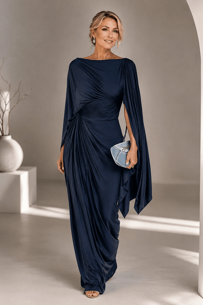 Elegant maxi dress featuring flowing cape sleeves and a ruched waist, perfect for formal occasions. 2