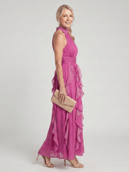Maxi dress with high neck and ruffle layers in white, featuring a lightweight and airy sleeveless design perfect for summer outings. 3