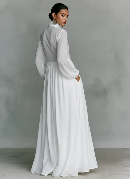Maxi dress featuring a stylish patchwork linen design, elegant stand-up collar, and convenient button closure, perfect for casual or semi-formal occasions. 1