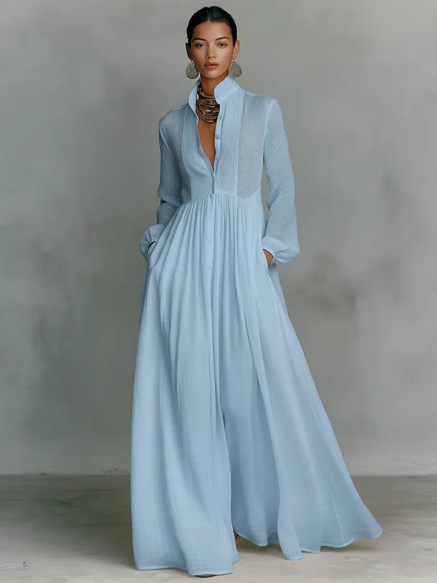 Maxi dress featuring a stylish patchwork linen design, elegant stand-up collar, and convenient button closure, perfect for casual or semi-formal occasions. 2