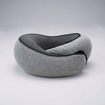 Memory Foam Travel Neck Pillow with 360° support and chin strap, designed for neck pain relief, featuring a compact design ideal for travel. 0