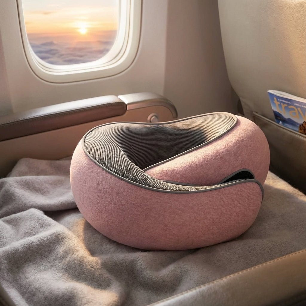 Memory Foam Travel Neck Pillow with 360° support and chin strap, designed for neck pain relief, featuring a compact design ideal for travel. 1