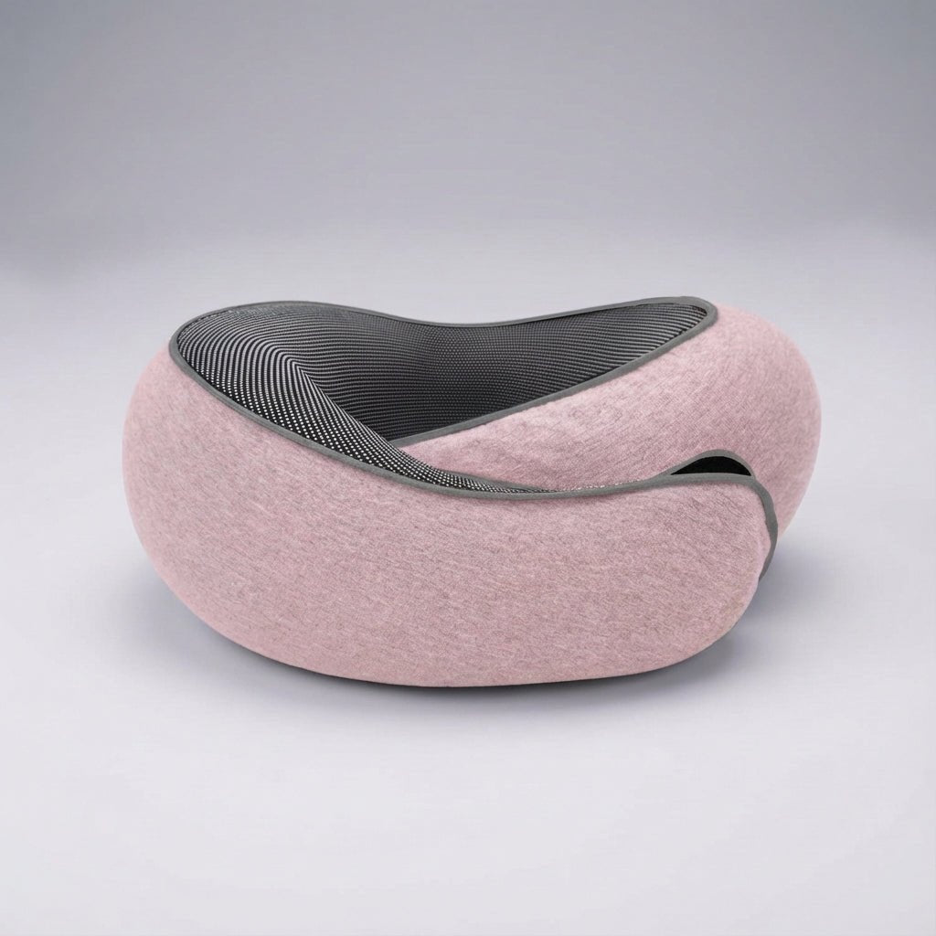 Memory Foam Travel Neck Pillow with 360° support and chin strap, designed for neck pain relief, featuring a compact design ideal for travel. 4