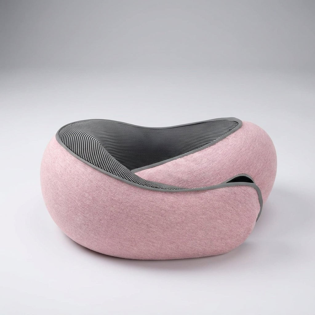 Memory Foam Travel Neck Pillow with 360° support and chin strap, designed for neck pain relief, featuring a compact design ideal for travel. 2