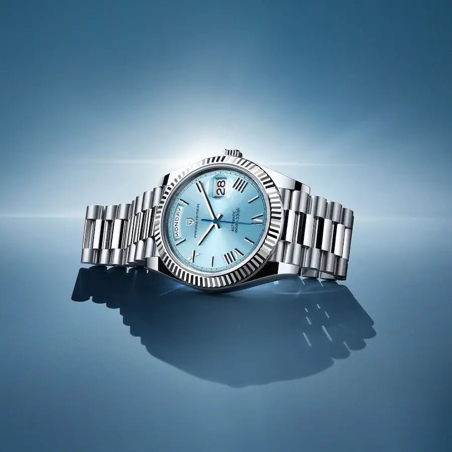 Men's automatic watch featuring a date display, crafted from brushed stainless steel, showcasing an elegant design suitable for both work and casual wear. 3