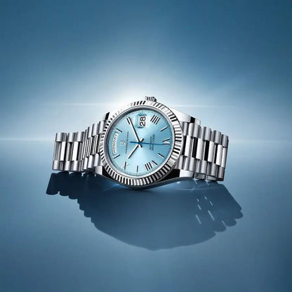 Men's automatic watch featuring a date display, crafted from brushed stainless steel, showcasing an elegant design suitable for both work and casual wear. 3