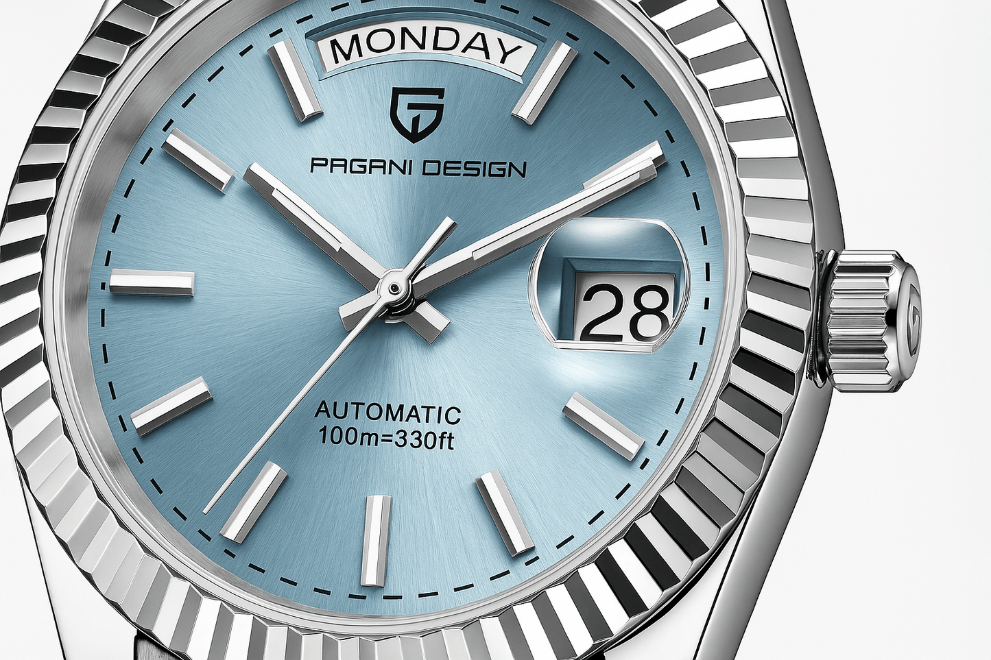 Men's automatic watch featuring a date display, crafted from brushed stainless steel, showcasing an elegant design suitable for both work and casual wear. 6