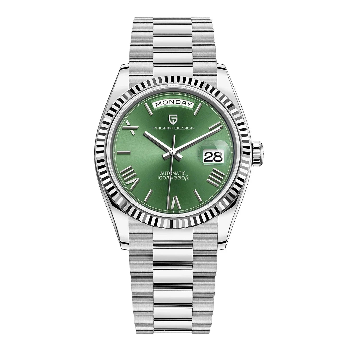 Men's automatic watch featuring a date display, crafted from brushed stainless steel, showcasing an elegant design suitable for both work and casual wear. 10