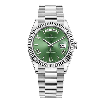 Men's automatic watch featuring a date display, crafted from brushed stainless steel, showcasing an elegant design suitable for both work and casual wear. 10