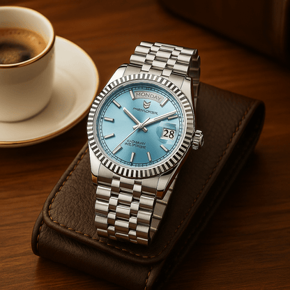 Men's automatic watch featuring a date display, crafted from brushed stainless steel, showcasing an elegant design suitable for both work and casual wear. 5