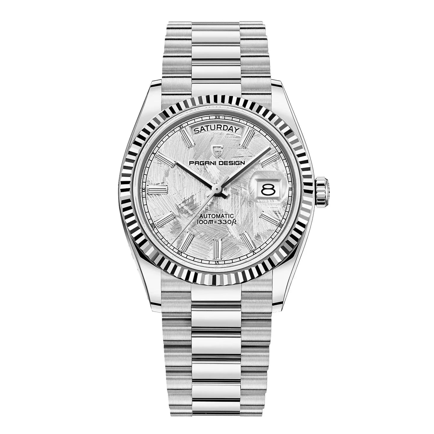 Men's automatic watch featuring a date display, crafted from brushed stainless steel, showcasing an elegant design suitable for both work and casual wear. 11