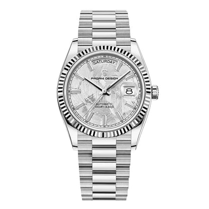 Men's automatic watch featuring a date display, crafted from brushed stainless steel, showcasing an elegant design suitable for both work and casual wear. 11