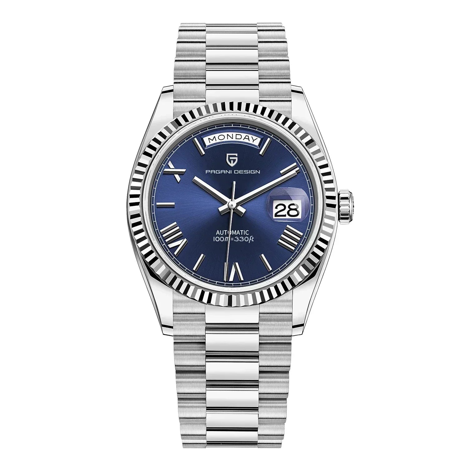 Men's automatic watch featuring a date display, crafted from brushed stainless steel, showcasing an elegant design suitable for both work and casual wear. 9