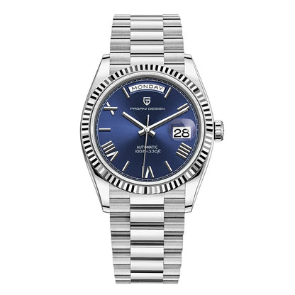 Men's automatic watch featuring a date display, crafted from brushed stainless steel, showcasing an elegant design suitable for both work and casual wear. 9