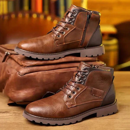 Men's leather lace-up boots in brown and black featuring reinforced soles for enhanced durability and comfort. 1