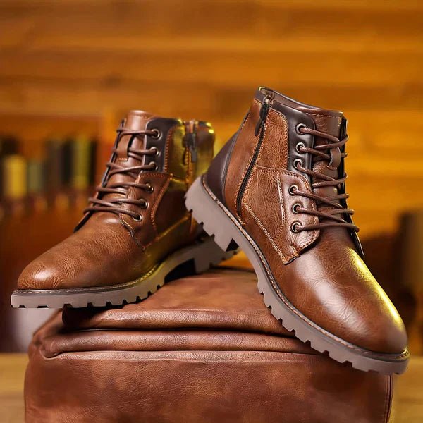Men's leather lace-up boots in brown and black featuring reinforced soles for enhanced durability and comfort. 0