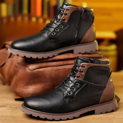 Men's leather lace-up boots in brown and black featuring reinforced soles for enhanced durability and comfort. 3