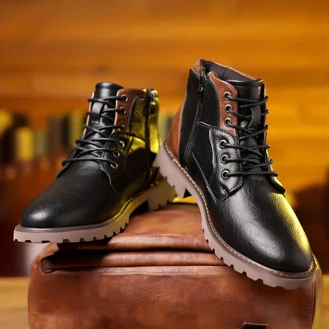 Men's leather lace-up boots in brown and black featuring reinforced soles for enhanced durability and comfort. 2