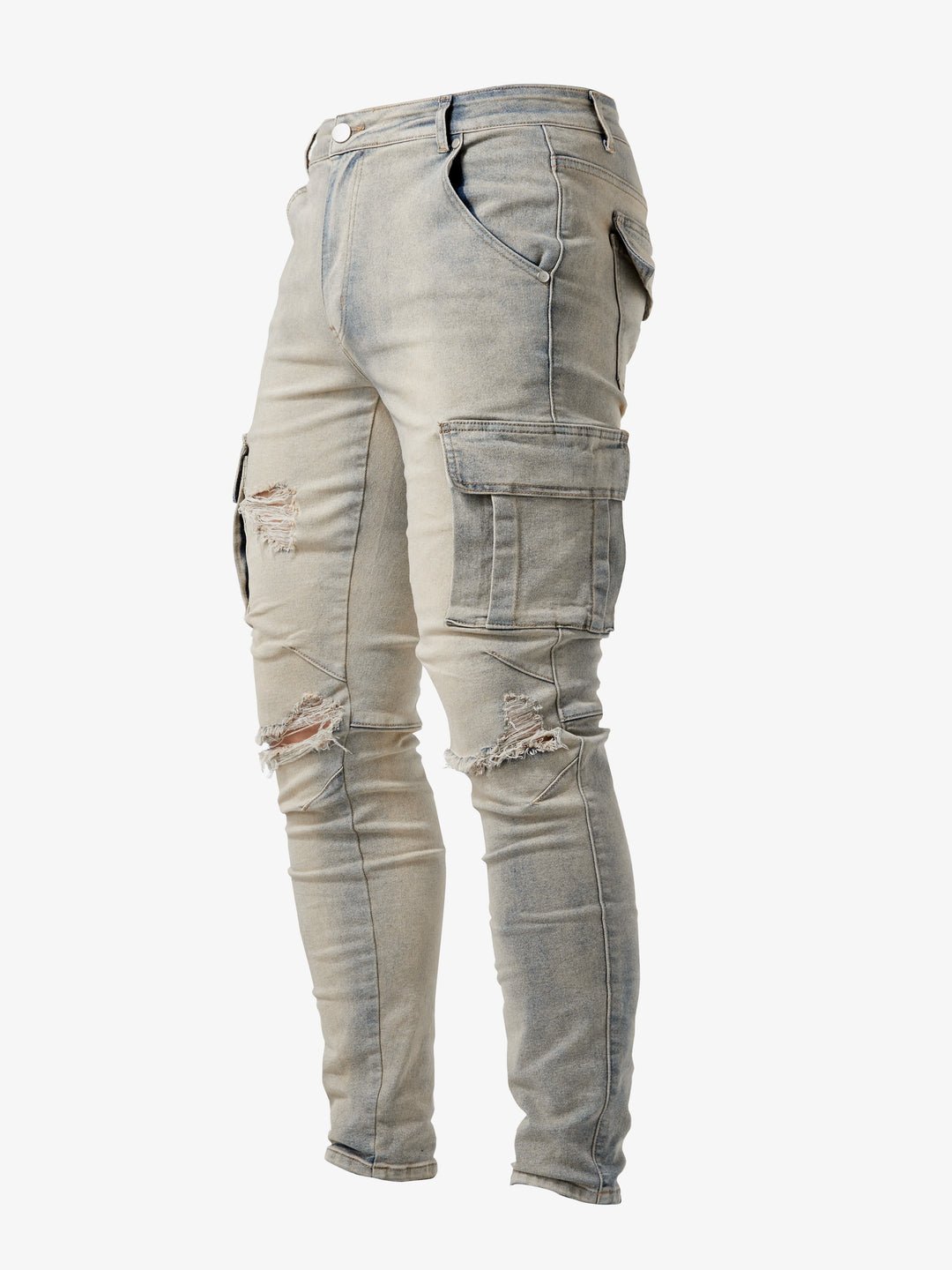 Men's cargo jeans featuring a slim fit, stretch fabric, and multi-pocket design, available in black, khaki, blue, and gray for a 2