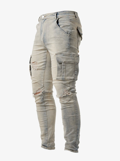 Men's cargo jeans featuring a slim fit, stretch fabric, and multi-pocket design, available in black, khaki, blue, and gray for a 2