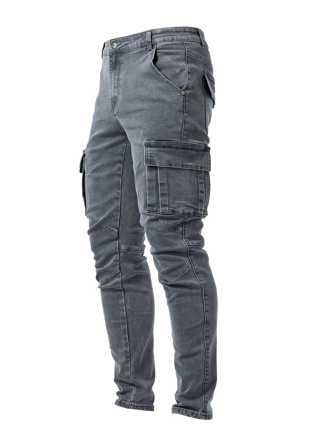 Men's cargo jeans featuring a slim fit, stretch fabric, and multi-pocket design, available in black, khaki, blue, and gray for a 3