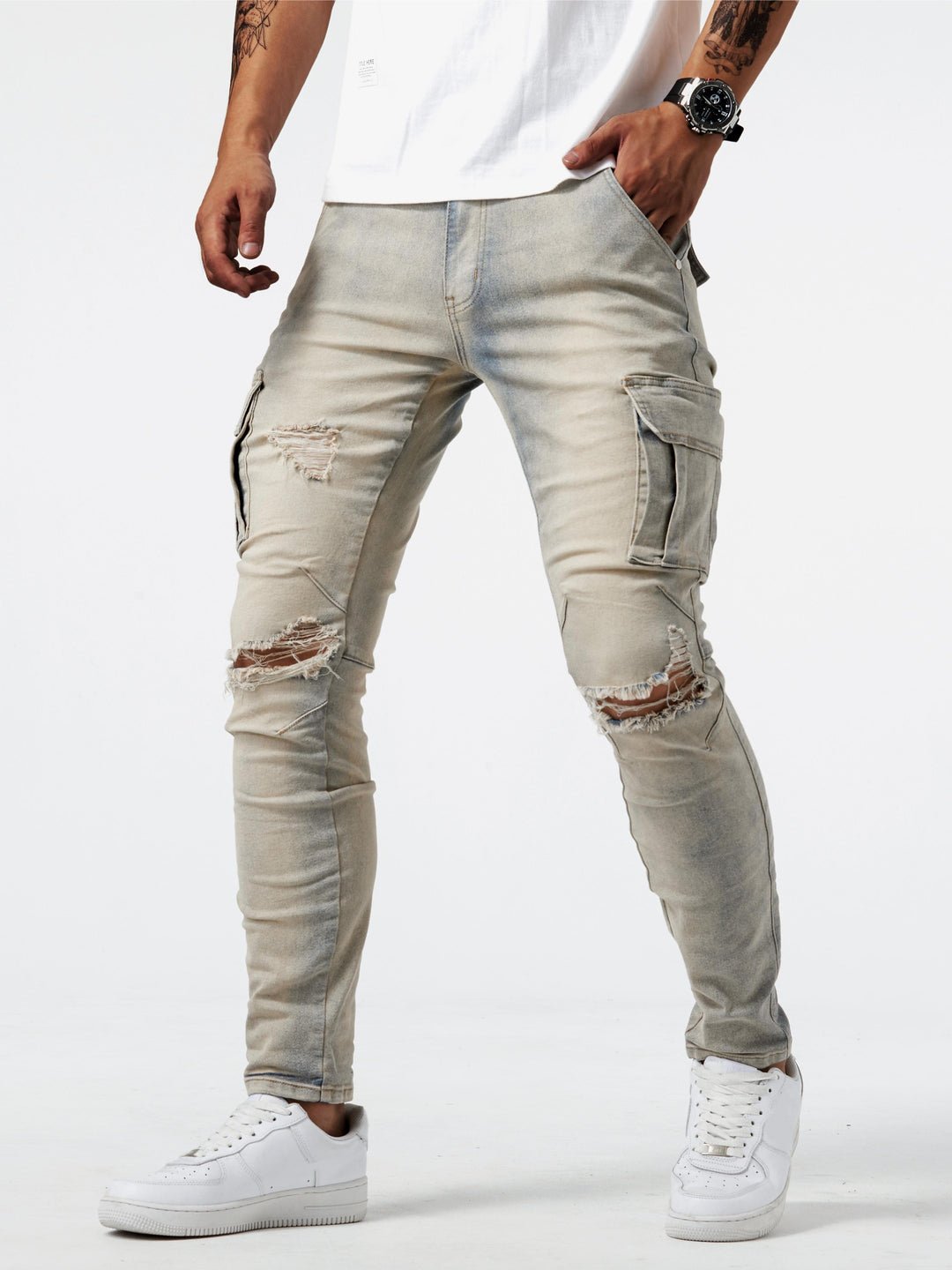 Men's cargo jeans featuring a slim fit, stretch fabric, and multi-pocket design, available in black, khaki, blue, and gray for a 5