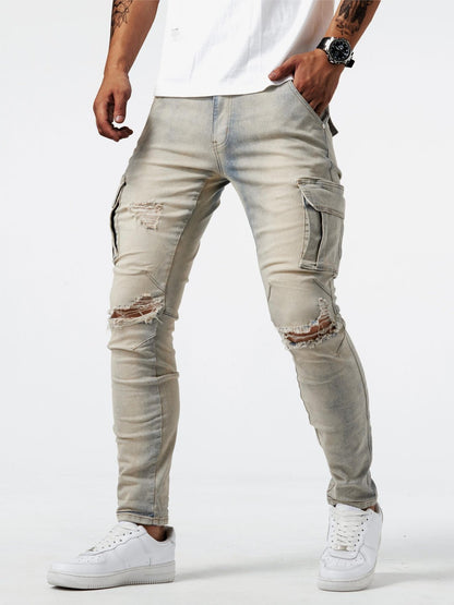 Men's cargo jeans featuring a slim fit, stretch fabric, and multi-pocket design, available in black, khaki, blue, and gray for a 5