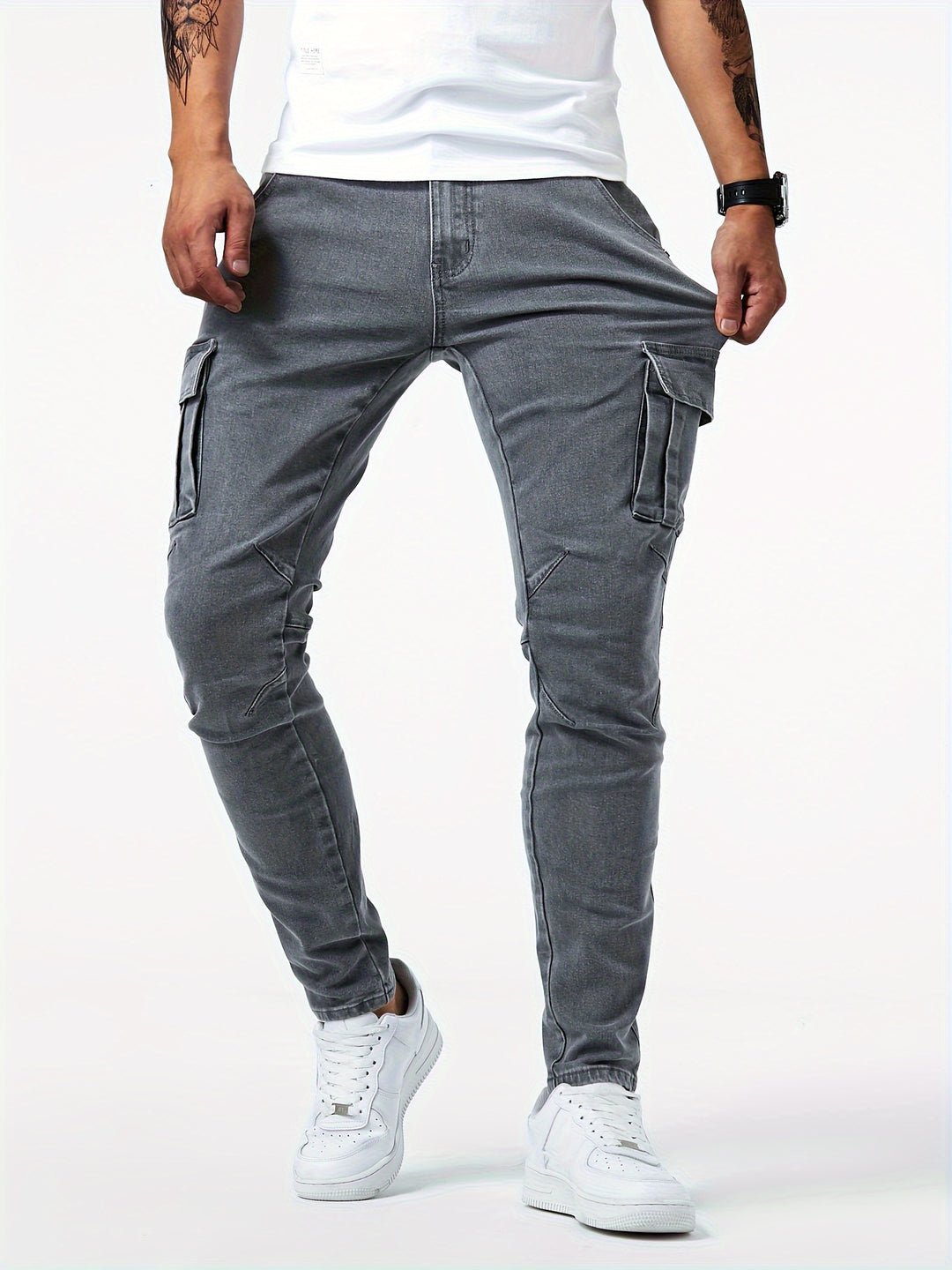 Men's cargo jeans featuring a slim fit, stretch fabric, and multi-pocket design, available in black, khaki, blue, and gray for a 4