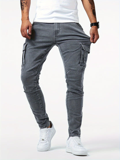 Men's cargo jeans featuring a slim fit, stretch fabric, and multi-pocket design, available in black, khaki, blue, and gray for a 4