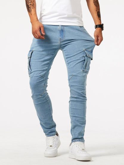 Men's cargo jeans featuring a slim fit, stretch fabric, and multi-pocket design, available in black, khaki, blue, and gray for a 6