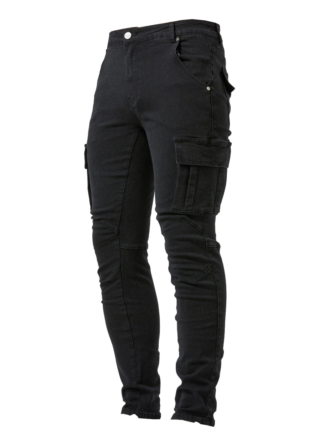 Men's cargo jeans featuring a slim fit, stretch fabric, and multi-pocket design, available in black, khaki, blue, and gray for a 1