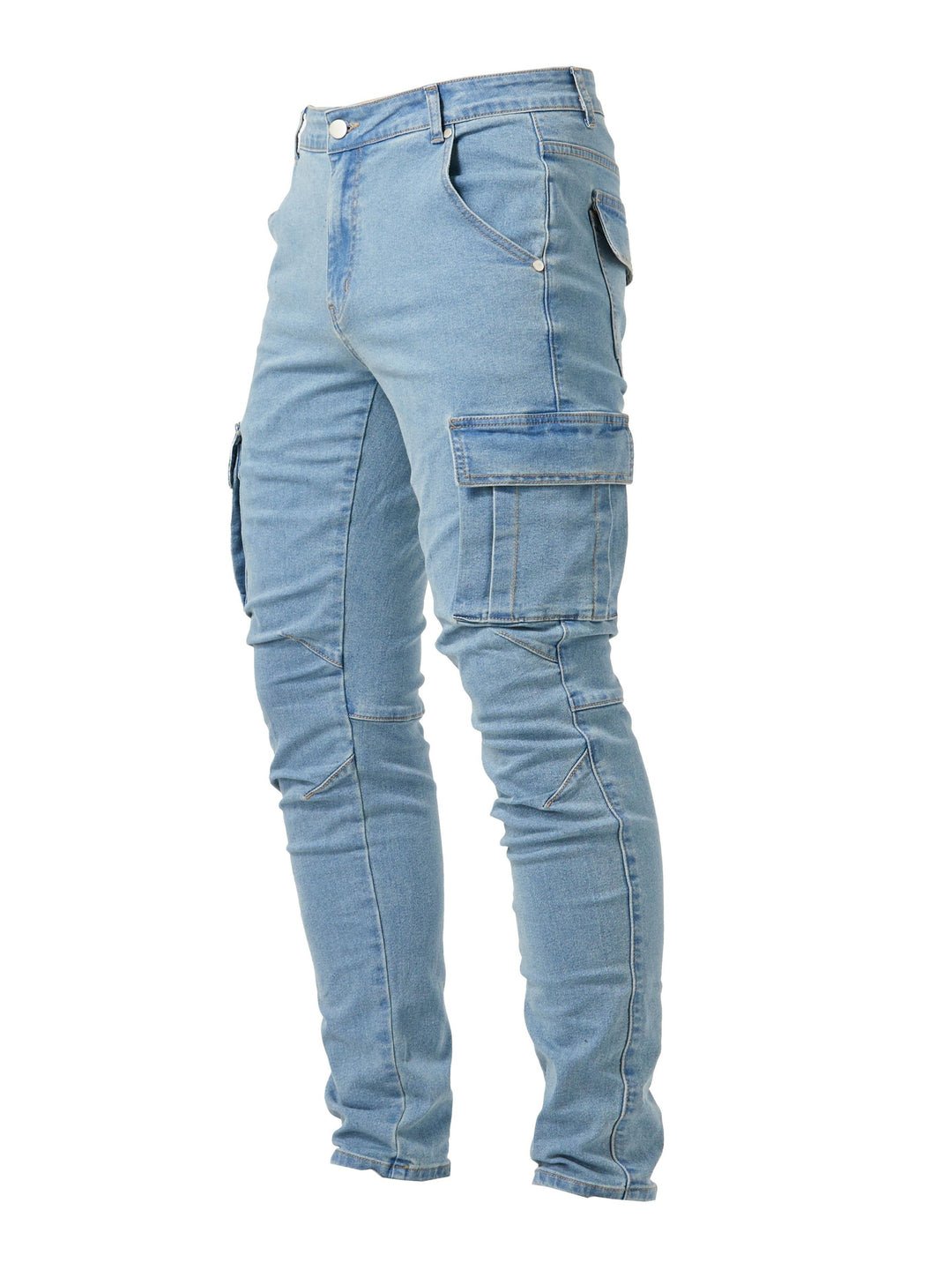 Men's cargo jeans featuring a slim fit, stretch fabric, and multi-pocket design, available in black, khaki, blue, and gray for a 0