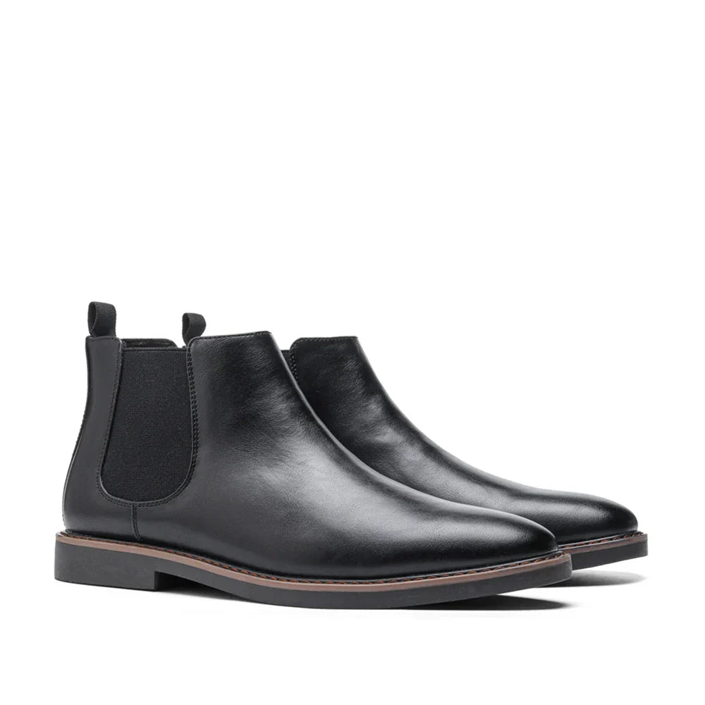 Men's Chelsea boots featuring a classic genuine leather design, elastic side panel for easy wear, and a sturdy rubber sole for durability and comfort. 6