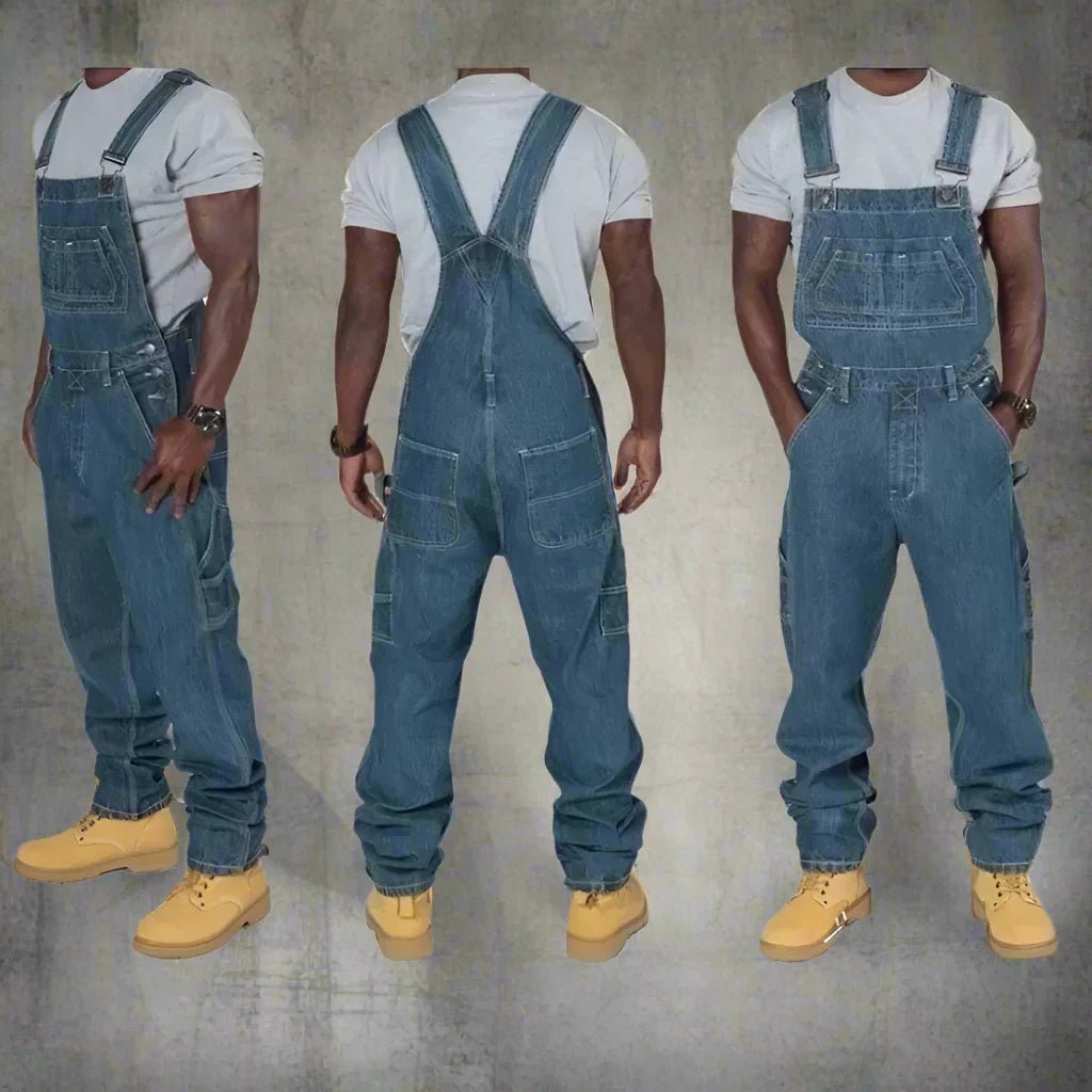 Men's denim overalls featuring modern splice details, crafted from a comfortable cotton blend, perfect for casual streetwear style. 2