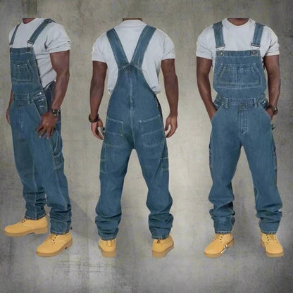 Men's denim overalls featuring modern splice details, crafted from a comfortable cotton blend, perfect for casual streetwear style. 2