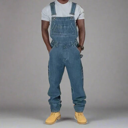 Men's denim overalls featuring modern splice details, crafted from a comfortable cotton blend, perfect for casual streetwear style. 3