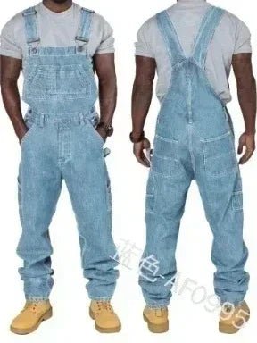 Men's denim overalls featuring modern splice details, crafted from a comfortable cotton blend, perfect for casual streetwear style. 1