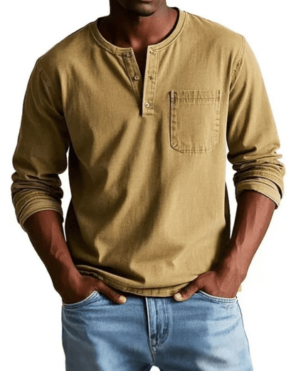 Men's denim shirt featuring a stylish henley neckline and a convenient chest pocket, perfect for casual outfits and versatile styling options. 3