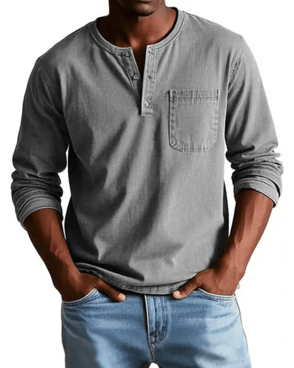 Men's denim shirt featuring a stylish henley neckline and a convenient chest pocket, perfect for casual outfits and versatile styling options. 8