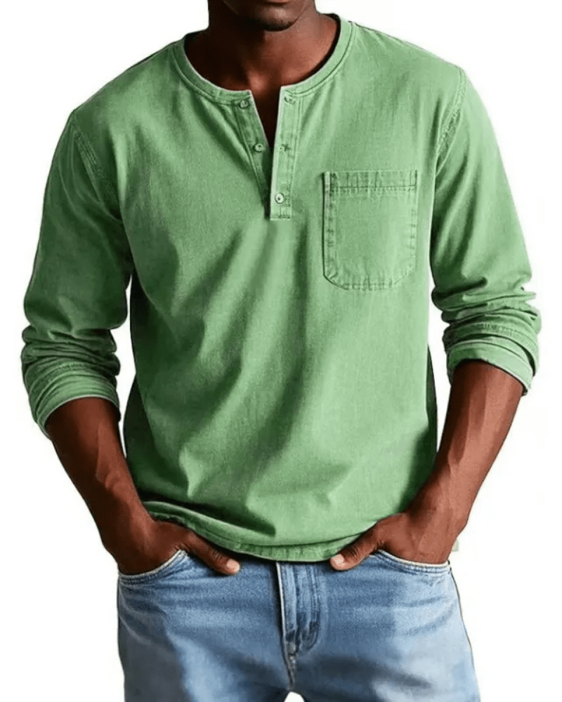 Men's denim shirt featuring a stylish henley neckline and a convenient chest pocket, perfect for casual outfits and versatile styling options. 6