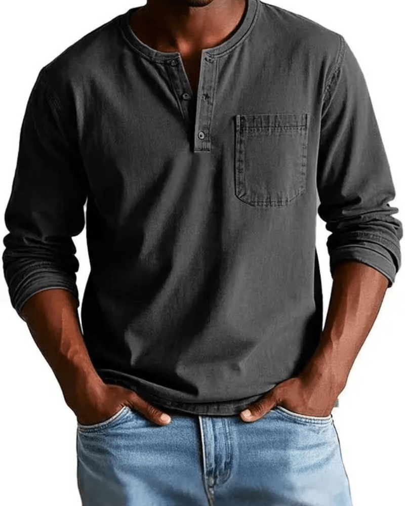 Men's denim shirt featuring a stylish henley neckline and a convenient chest pocket, perfect for casual outfits and versatile styling options. 4