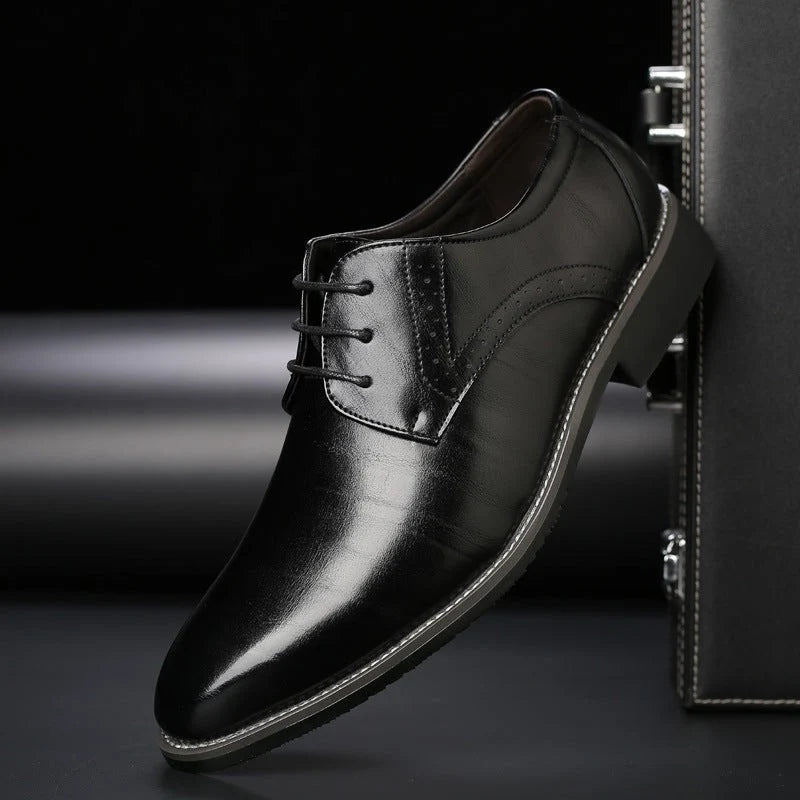Men's Derby shoes featuring elegant brogue detailing, crafted from vegan leather with a round toe lace-up design for a comfortable fit. 0