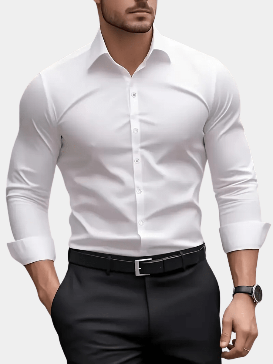 Men's dress shirt featuring breathable fabric, designed in a modern fit with long sleeves, perfect for versatile styling in both casual and formal settings. 1