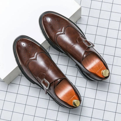 Men's black leather dress shoes featuring a single-buckle closure and intricate brogue detailing, designed in a stylish wingtip monk-strap style. 4