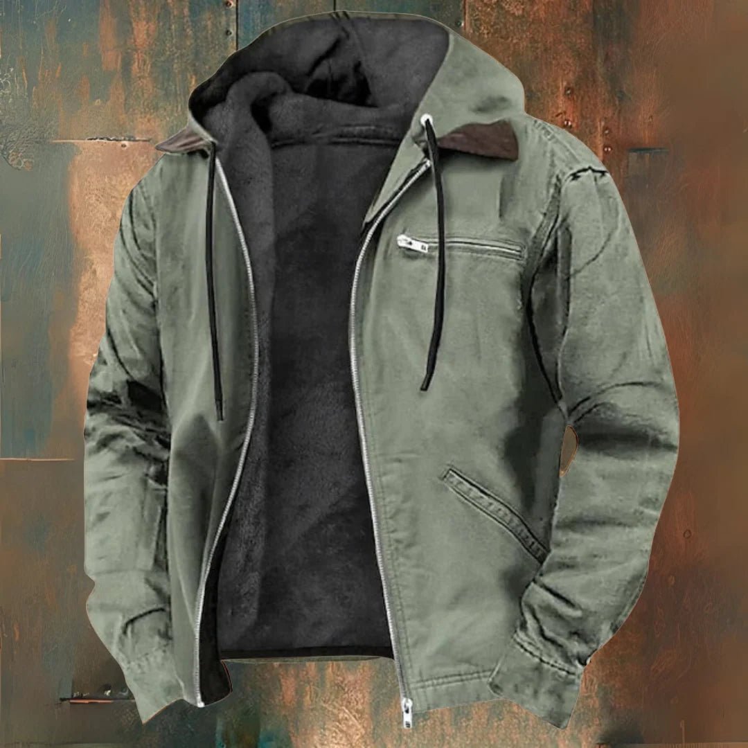 Men's khaki fleece-lined jacket with hood, designed for winter outdoor activities, featuring zip pockets for secure storage. 5